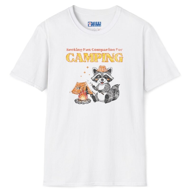 Seeking Fun Companion for Camping Tee ⛺🔥🐾- Vintage Look Cute Raccoon T-Shirt White by Tees For Singles