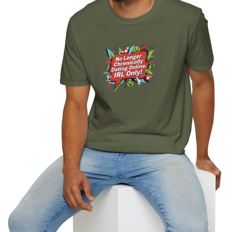 “No Longer Chronically Dating Online, IRL Only!” Retro Comic Design Tee 😎📵 by Tees For Singles