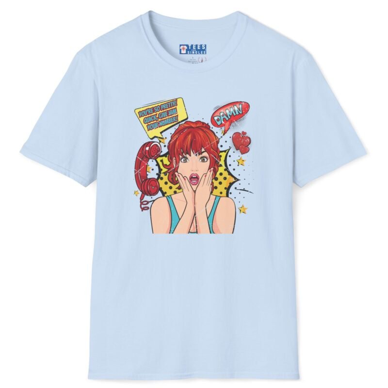Quick, Give Him Your Number! Pop Art Tee 💥☎️ Wing Woman T-shirt Light Blue by Tees For Singles