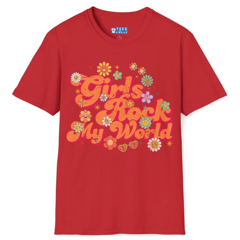 Girls Rock My World 🌸 Retro Flower Power Flirty Tee Red by Tees For Singles