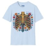 Mi Corazón Anhela Tu Amor Romantic Skeleton Ribcage Día de Muertos Design Tee -🌹💀 Light Blue by Tees For Singles