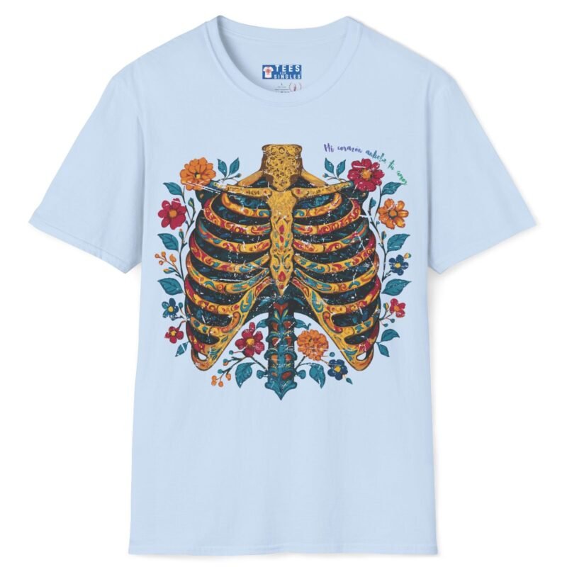 Mi Corazón Anhela Tu Amor Romantic Skeleton Ribcage Día de Muertos Design Tee -🌹💀 Light Blue by Tees For Singles