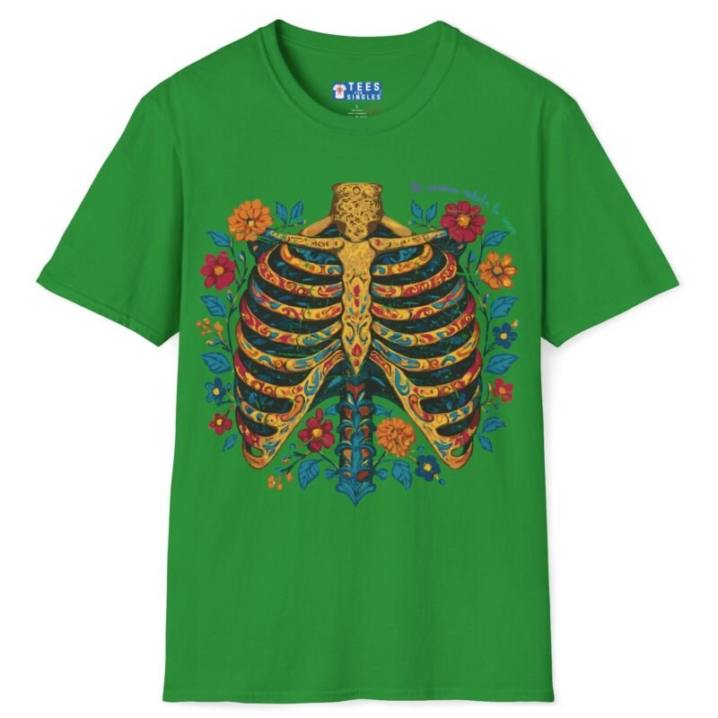 Mi Corazón Anhela Tu Amor Romantic Skeleton Ribcage Día de Muertos Design Tee -🌹💀 Irish Green by Tees For Singles