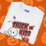 Trick or Kiss 2 Premium Tee. Cute Flirty Halloween Shirt with Mummy & Pumpkin Art by Tees For Singles - Reaction Fashion