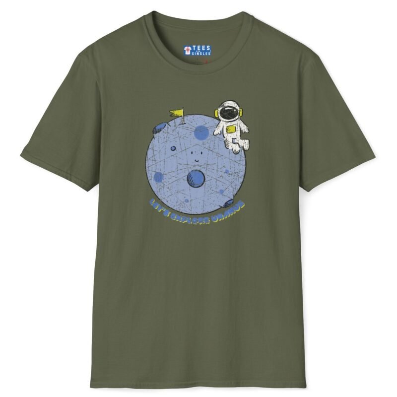 LET’S EXPLORE URANUS 🚀😁😹 Funny Tee – Vintage Distressed Look Military Green by Tees For Singles
