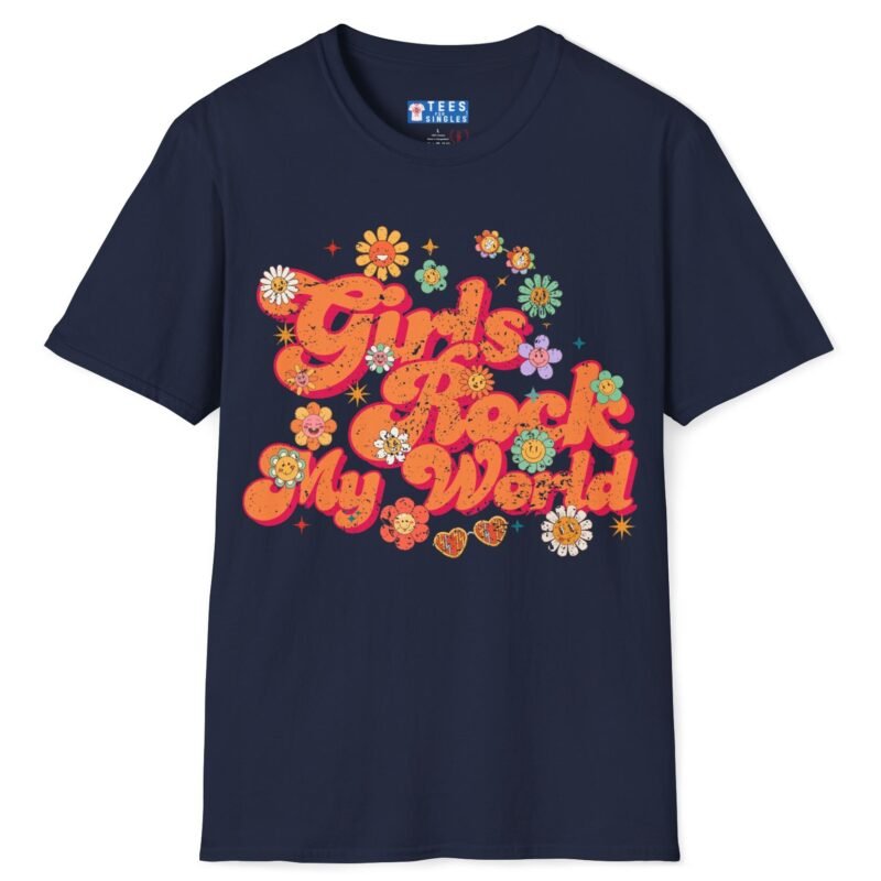 Girls Rock My World 🌸 Retro Flower Power Flirty Tee Navy by Tees For Singles