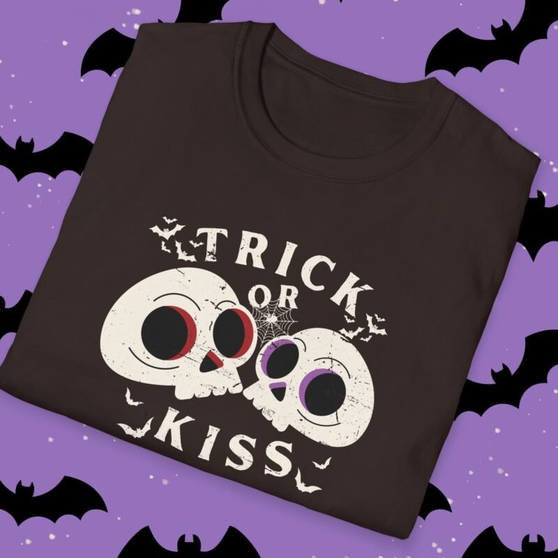 Trick or Kiss Tee - Flirty Gothic Skull T-shirt for Halloween And Everyday Vibes by Tees For Singles - Reaction Fashion