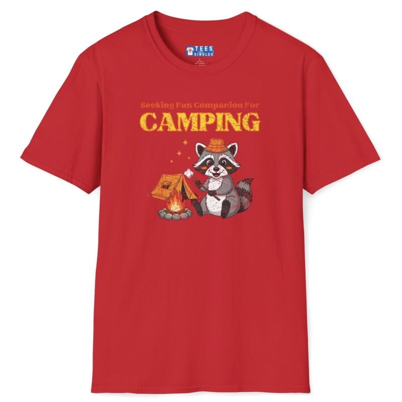 Seeking Fun Companion for Camping Tee ⛺🔥🐾- Vintage Look Cute Raccoon T-Shirt Red by Tees For Singles