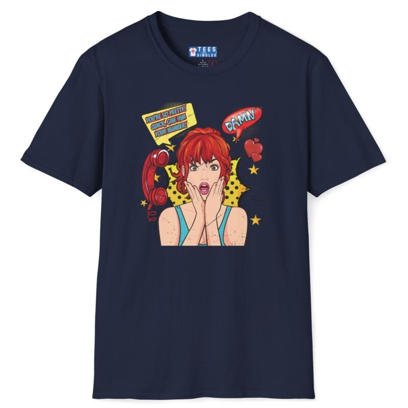 Quick, Give Him Your Number! Pop Art Tee 💥☎️ Wing Woman T-shirt Navy by Tees For Singles