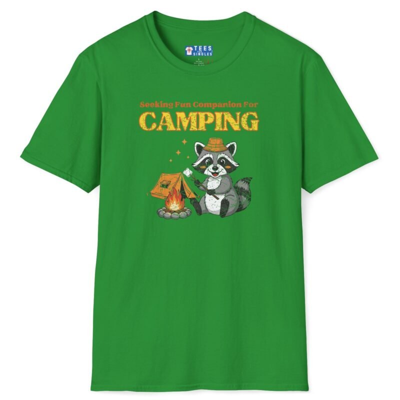 Seeking Fun Companion for Camping Tee ⛺🔥🐾- Vintage Look Cute Raccoon T-Shirt Irish Green by Tees For Singles