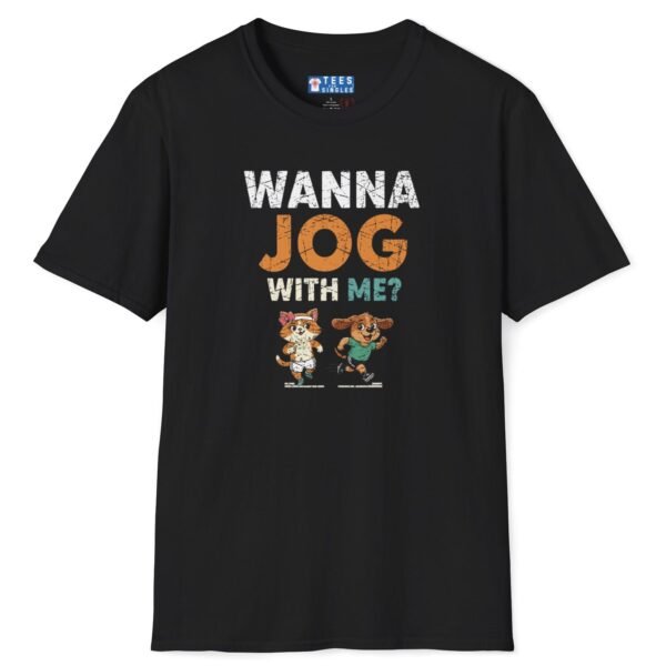 Wanna Jog With Me? Cute Dog Cat Graphics Vintage Style Tee 🐶🐱🏃‍♂️ Black by Tees For Singles