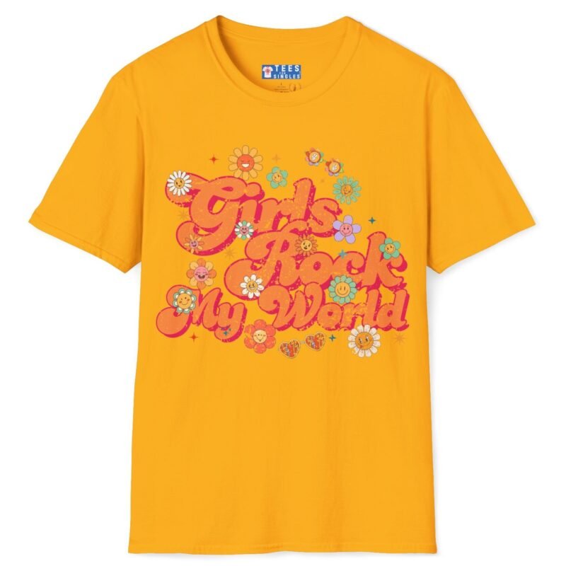 Girls Rock My World 🌸 Retro Flower Power Flirty Tee Gold by Tees For Singles