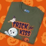 Trick or Kiss 2 Premium Tee. Cute Flirty Halloween Shirt with Mummy & Pumpkin Art by Tees For Singles - Reaction Fashion