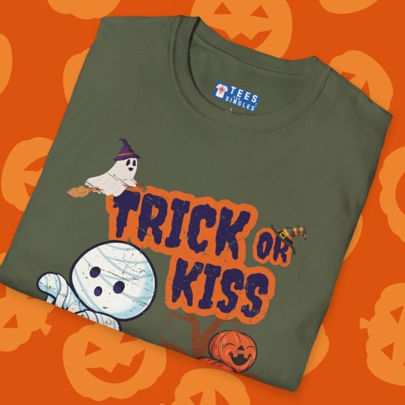 Trick or Kiss 2 Premium Tee. Cute Flirty Halloween Shirt with Mummy & Pumpkin Art by Tees For Singles - Reaction Fashion