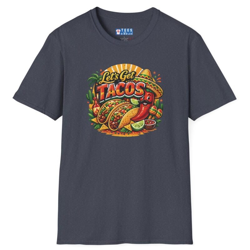 Let's Get Tacos 🌮🔥 Retro Mexican Food Taco Tee Heather Navy by Tees For Singles - Reaction Fashion
