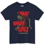 15716543490252366517_2048.jpeg "I Want Brainy Girls Graphic T-Shirt" - “Big Brain Cravings Never Die” Retro Zombie Graphic Tee Navy by Tees For Singles - Reaction Fashion