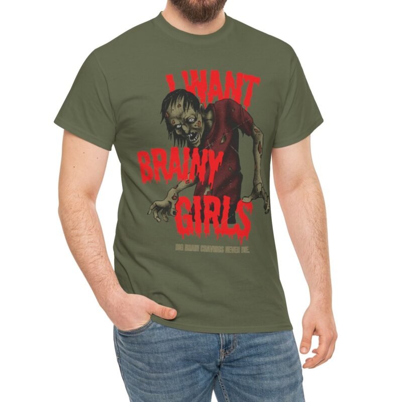 "I Want Brainy Girls Graphic T-Shirt" - “Big Brain Cravings Never Die” Retro Zombie Graphic Tee by Tees For Singles - Reaction Fashion