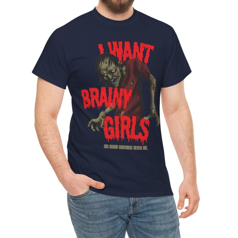 "I Want Brainy Girls Graphic T-Shirt" - “Big Brain Cravings Never Die” Retro Zombie Graphic Tee by Tees For Singles - Reaction Fashion