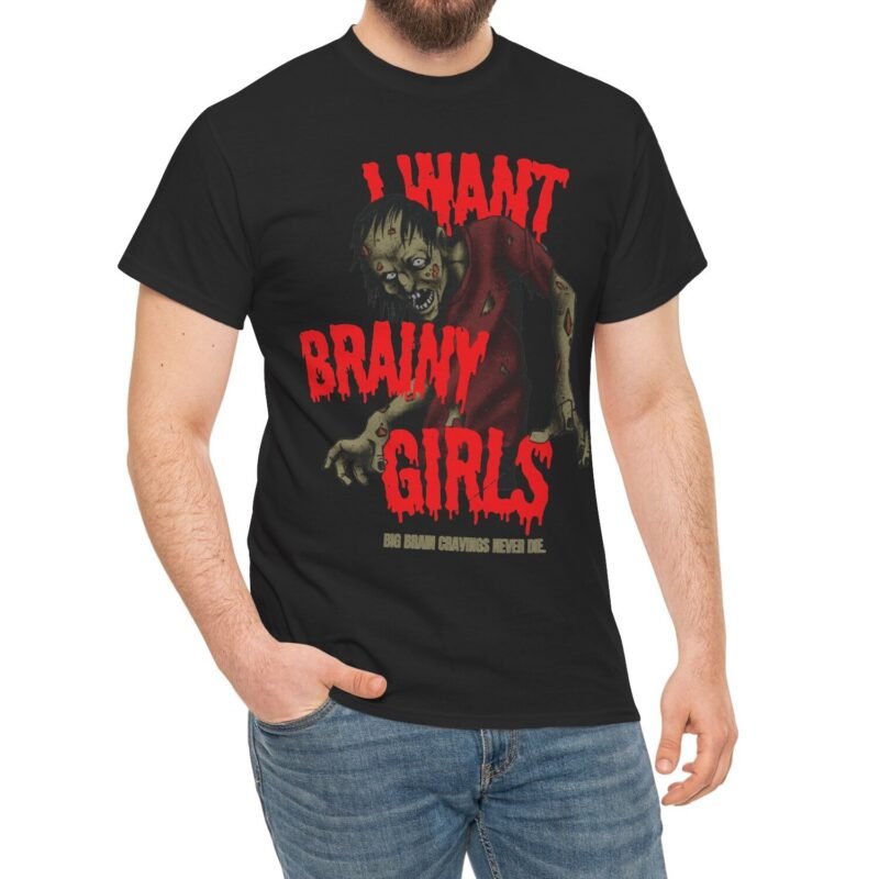 "I Want Brainy Girls Graphic T-Shirt" - “Big Brain Cravings Never Die” Retro Zombie Graphic Tee by Tees For Singles - Reaction Fashion