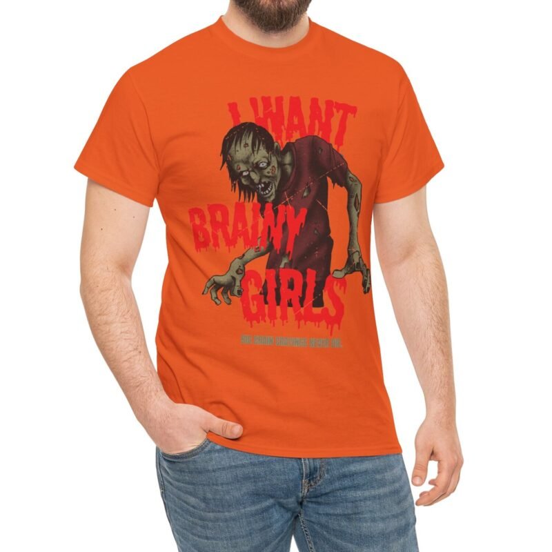 "I Want Brainy Girls Graphic T-Shirt" - “Big Brain Cravings Never Die” Retro Zombie Graphic Tee by Tees For Singles - Reaction Fashion