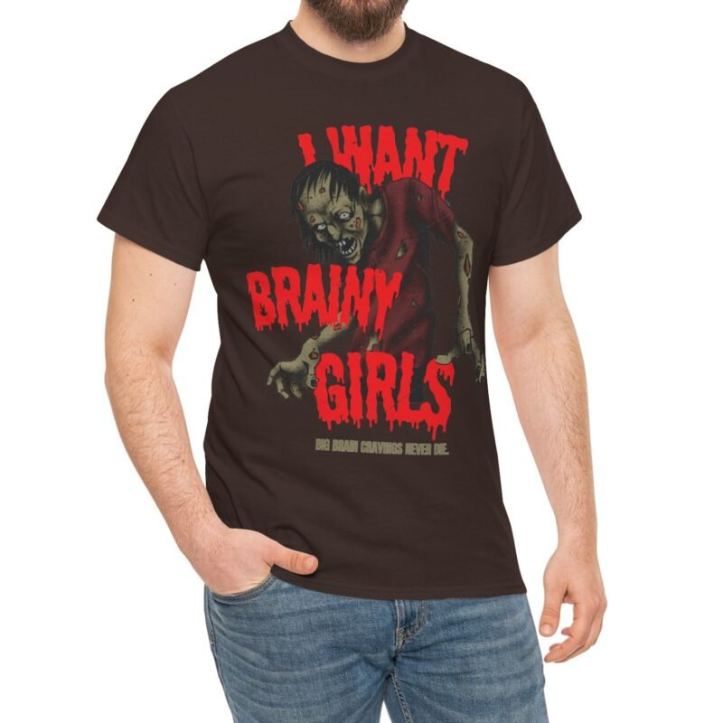 "I Want Brainy Girls Graphic T-Shirt" - “Big Brain Cravings Never Die” Retro Zombie Graphic Tee by Tees For Singles - Reaction Fashion