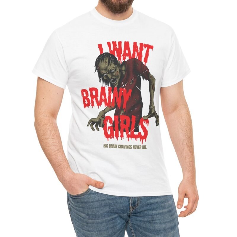 "I Want Brainy Girls Graphic T-Shirt" - “Big Brain Cravings Never Die” Retro Zombie Graphic Tee by Tees For Singles - Reaction Fashion